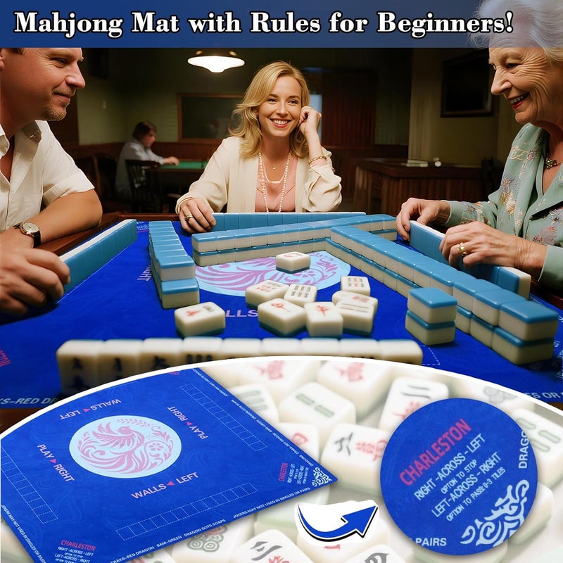 Maxsolve Store 2025 Mahjong Mat, 31.5" x 31.5" Neoprene Mahjong Table Mat with Rules, Anti Slip & Noise Reduction Gaming Mat for Poker, Card, Dominoes, Board & Tile Games, Mahjong Gift with Carrying Bag - Blue - Image 3